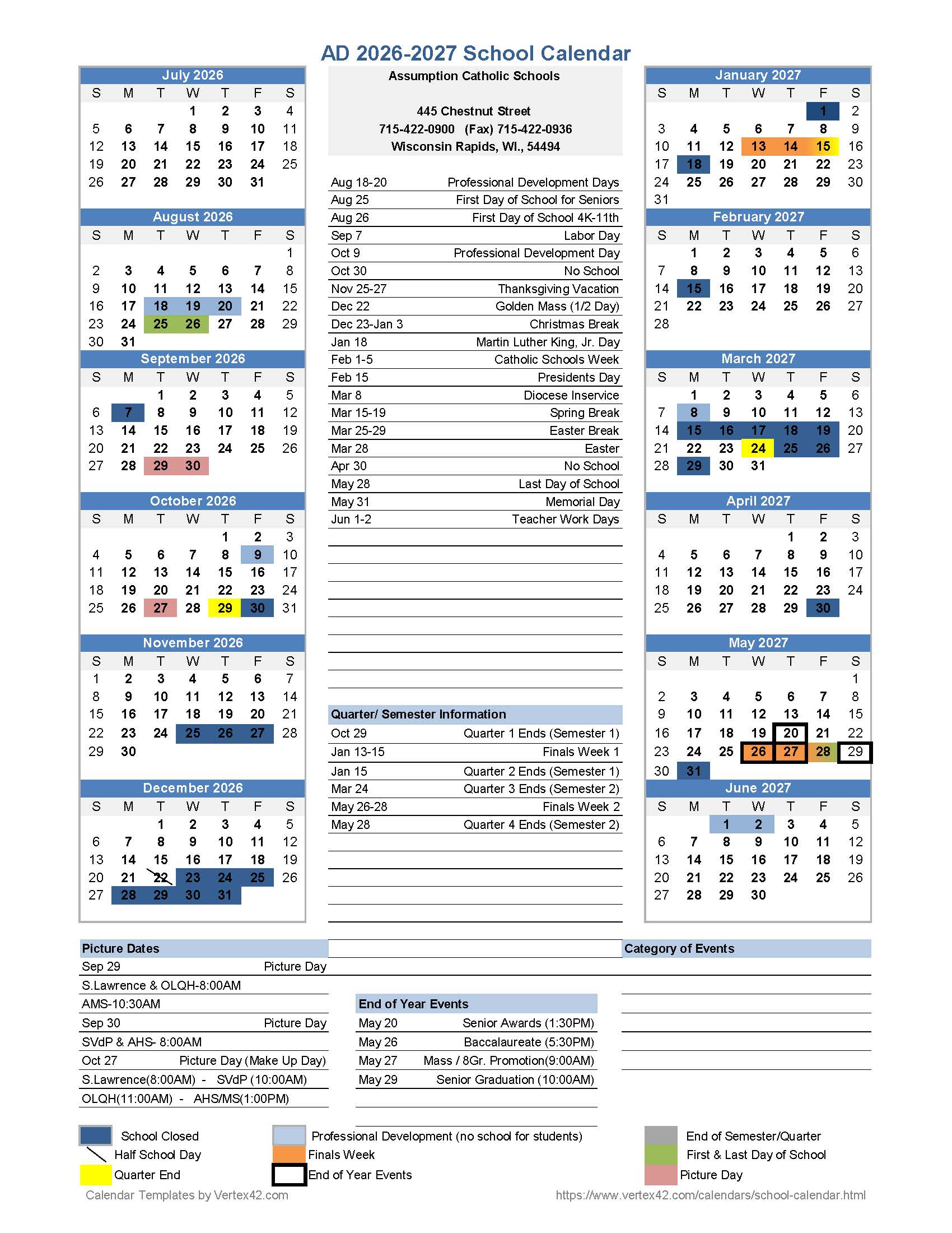 2026 - 2027 Calendar - Assumption Catholic Schools